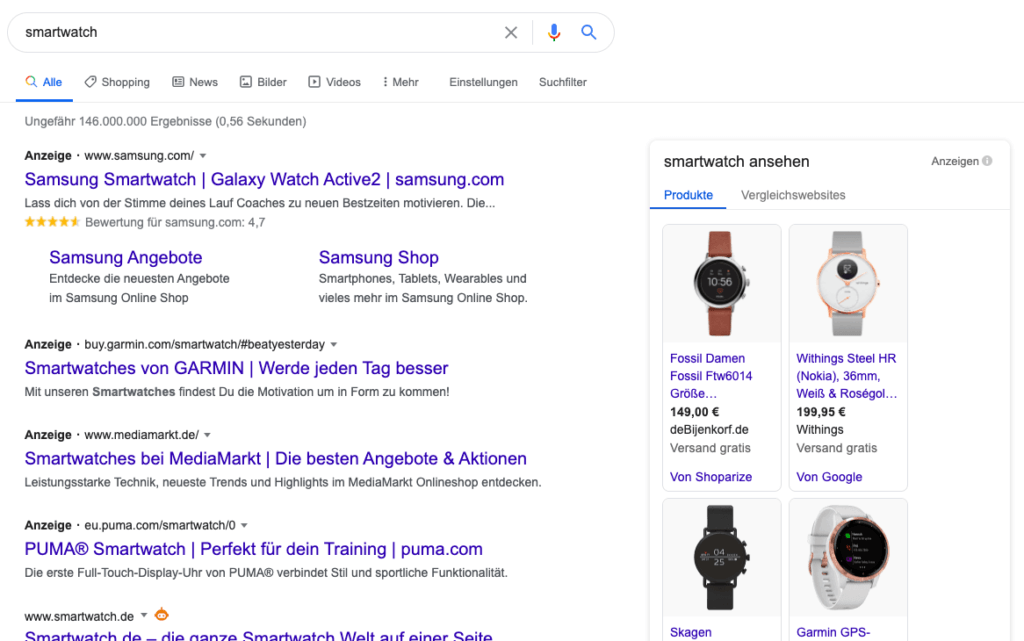 Google Shopping Anzeigen rechts neben den Google Text Ads