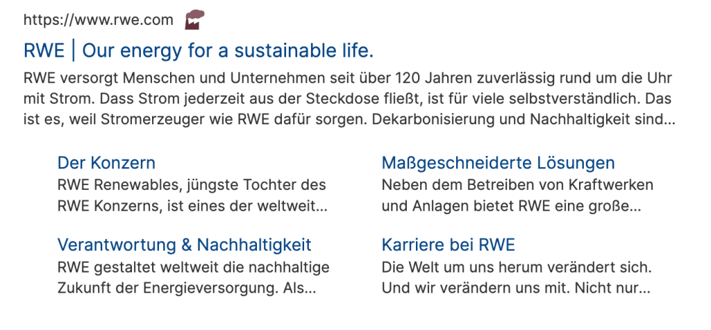 Screenshot der Ecosia-Suche nach rwe.com