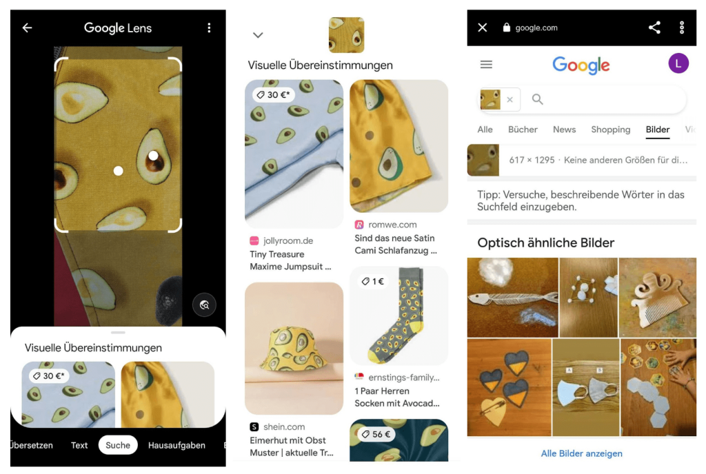 Drei Screenshots von Google Lens bei der Suche nach Stoff mit Avocado-Muster